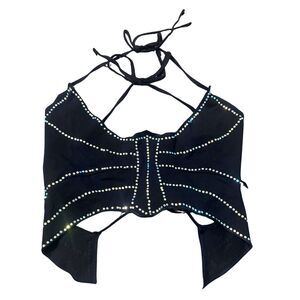 Black & Silver Size Large Y2K Fairy Goth Punk McBling Rhinestone Halter Crop Top
